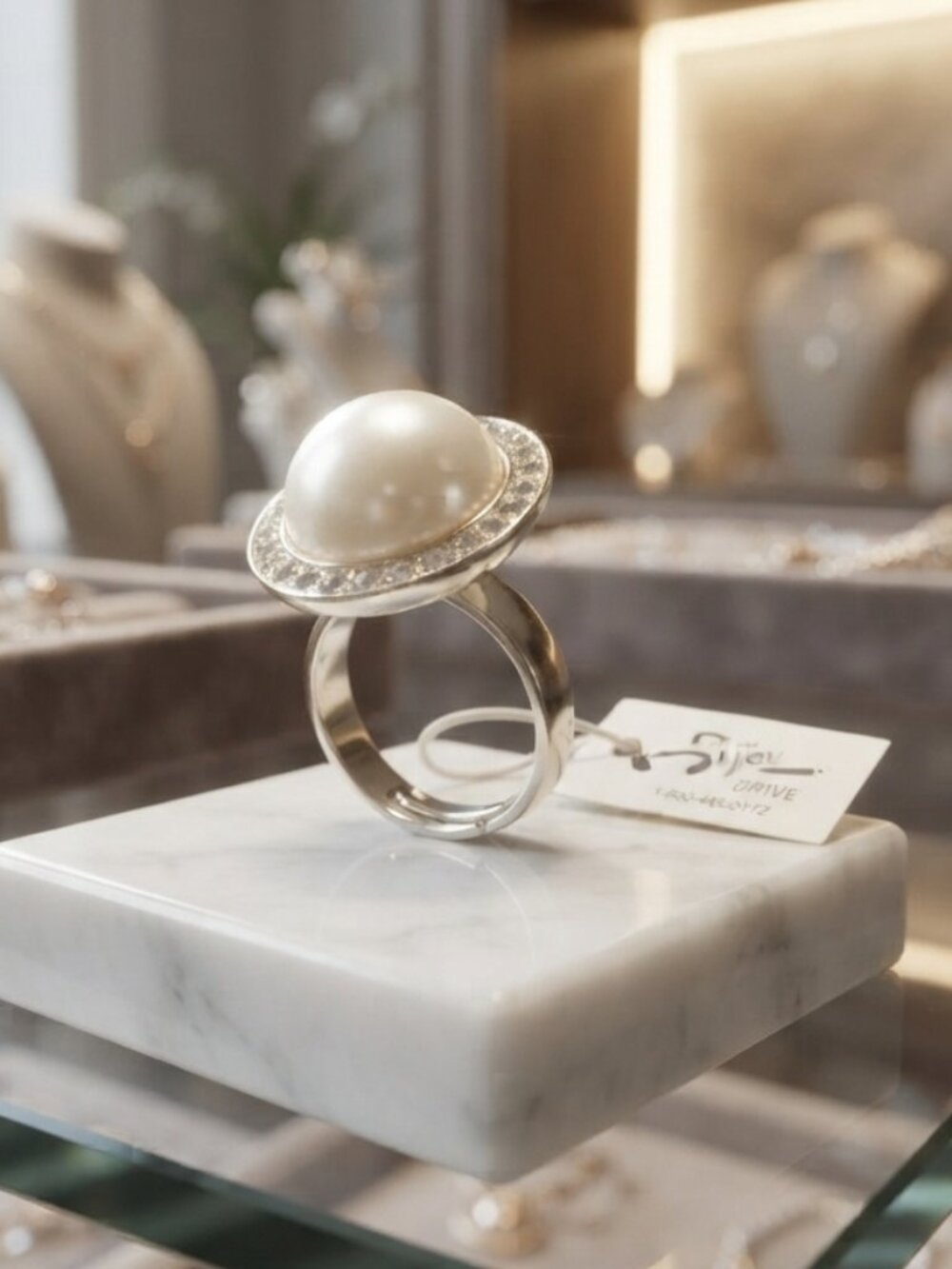 Bijou Faux Pearl & Rhinestone Cocktail Ring – Adjustable Size